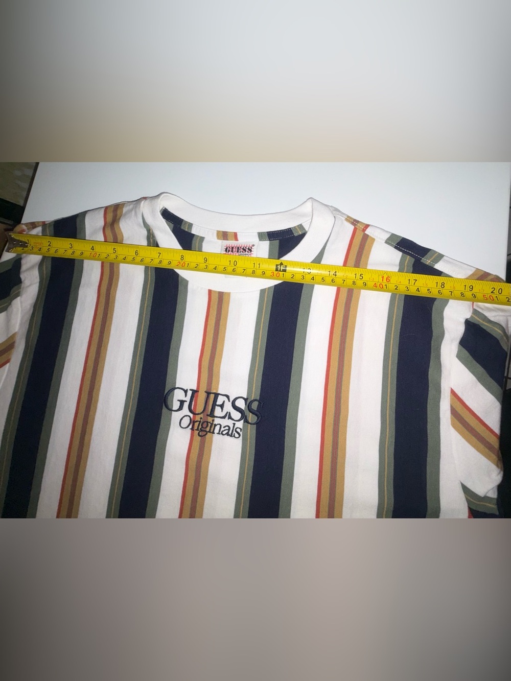 Guess Originals Men's Vertical Stripe Tee in White, Black, Olive & Tan Size M - Picture 6 of 7